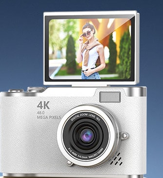 The LK-007 in white with its screen flipped up above the body