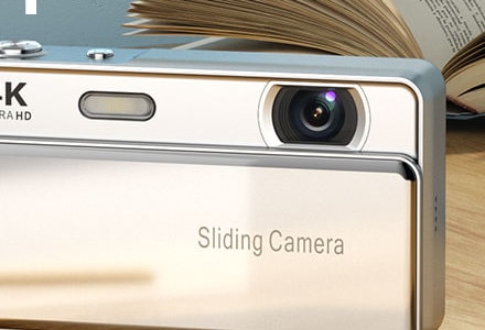 Close view of the M15 lens, flash and sliding cover